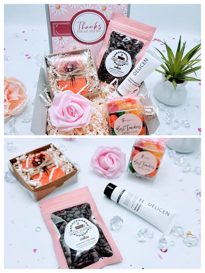 NIMA Gifts End of Year Teacher Gift Box with coffee, gratitude card, and gift items in a teacher appreciation gift basket.