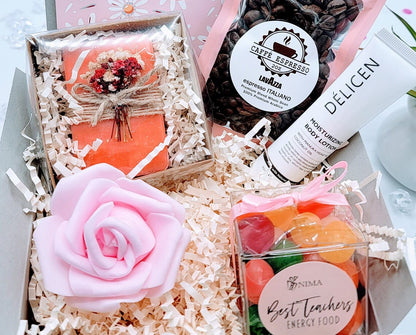 Teacher gift box by NIMA Gifts featuring coffee-themed items, perfect end-of-year appreciation basket for teachers.