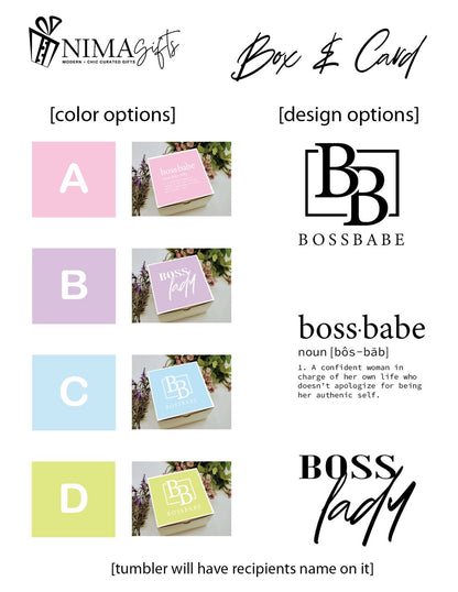 Boss Babe gift box with personalized tumbler, congratulating a coworker on a new job or promotion, by NIMA Gifts.