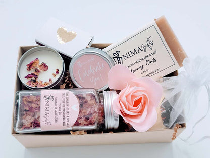 Personalized self-care spa gift box for women with bath products, relaxing self-care items, and a care package from My Store