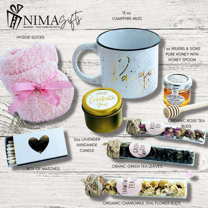 Tea lover birthday gift set with cozy box, personalized mug, spa items, perfect for women celebrating their special day.