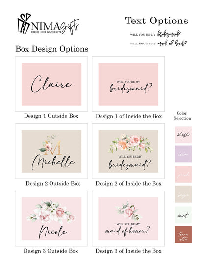 Pink and gold personalized bridesmaid proposal box set with blush accents, includes "Will You Be My Bridesmaid" message and elegant details.