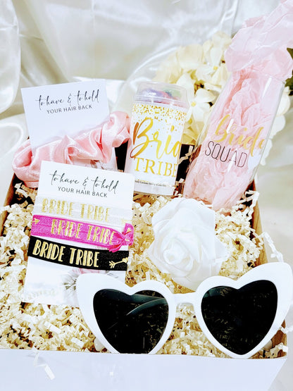 Pink and gold personalized bridesmaid proposal box set with blush accents, perfect for asking bridesmaids and matron of honor.
