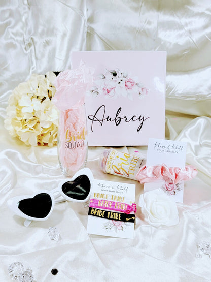 Pink and gold bridesmaid proposal box set with personalized blush design, featuring "Will You Be My Bridesmaid" message and elegant accents.