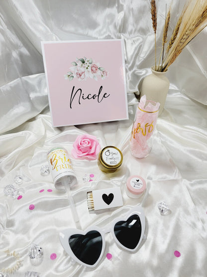 Pink and gold bridesmaid proposal box set with personalized blush design, includes "Will You Be My Bridesmaid" gift box for bridesmaids.