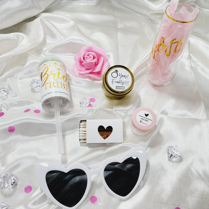 Pink and gold bridesmaid proposal box set with personalized blush design, including "Will You Be My Bridesmaid" wording and elegant details.