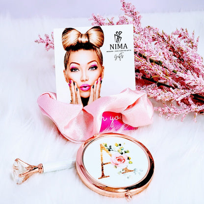 Personalized floral initial compact mirror by NIMA Gifts, decorative flower design, perfect for bridesmaids, flower girls, or special gifts