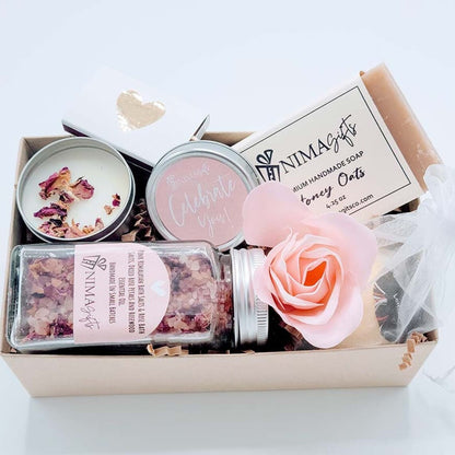 Personalized self-care spa gift box for women with bath products and relaxation items, ideal for a thoughtful self-care gift.