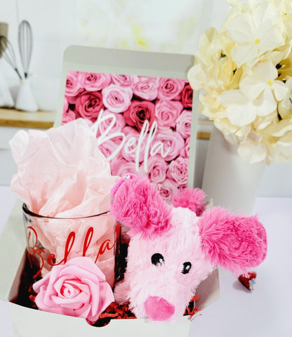 Valentine's gift box with puppy toy and personalized glass mug, perfect for her and friends for Galentine's Day celebration.