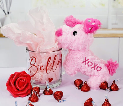 Valentine's gift box with adorable puppy plush, personalized glass mug, perfect for her or friends on Galentines Day.