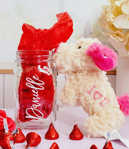 Valentine's gift box with adorable puppy plush and personalized glass mug, perfect for her and friends on Galentine's Day.