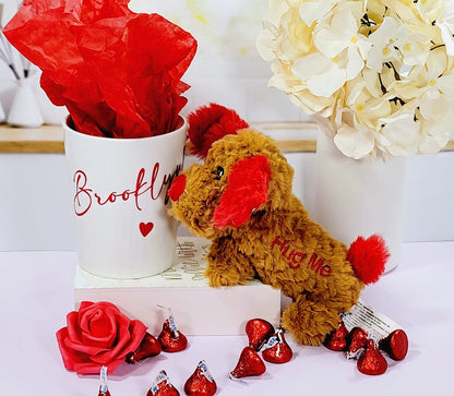 Valentine's gift box for her with a cute puppy plush and personalized glass mug, perfect for Galentine's Day celebrations.