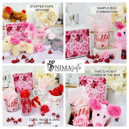 Valentine's gift box with a cute puppy figurine and personalized glass mug, perfect for her and friends on Galentine's Day.