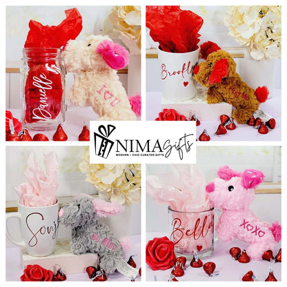 Valentines gift box with adorable puppy, personalized glass mug, and heartfelt treats for her or friends for Galentines Day.