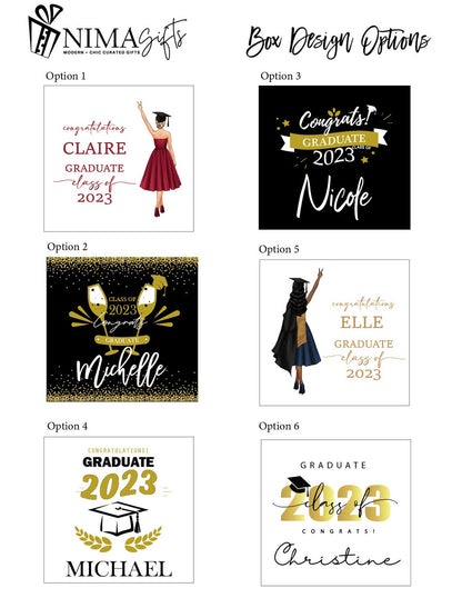 Personalized graduation gift box for her, celebrating college, master's, or high school graduation with a special gift set.