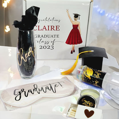 Personalized graduation gift box for women with luxury packaging, includes celebration items for college or high school graduations.