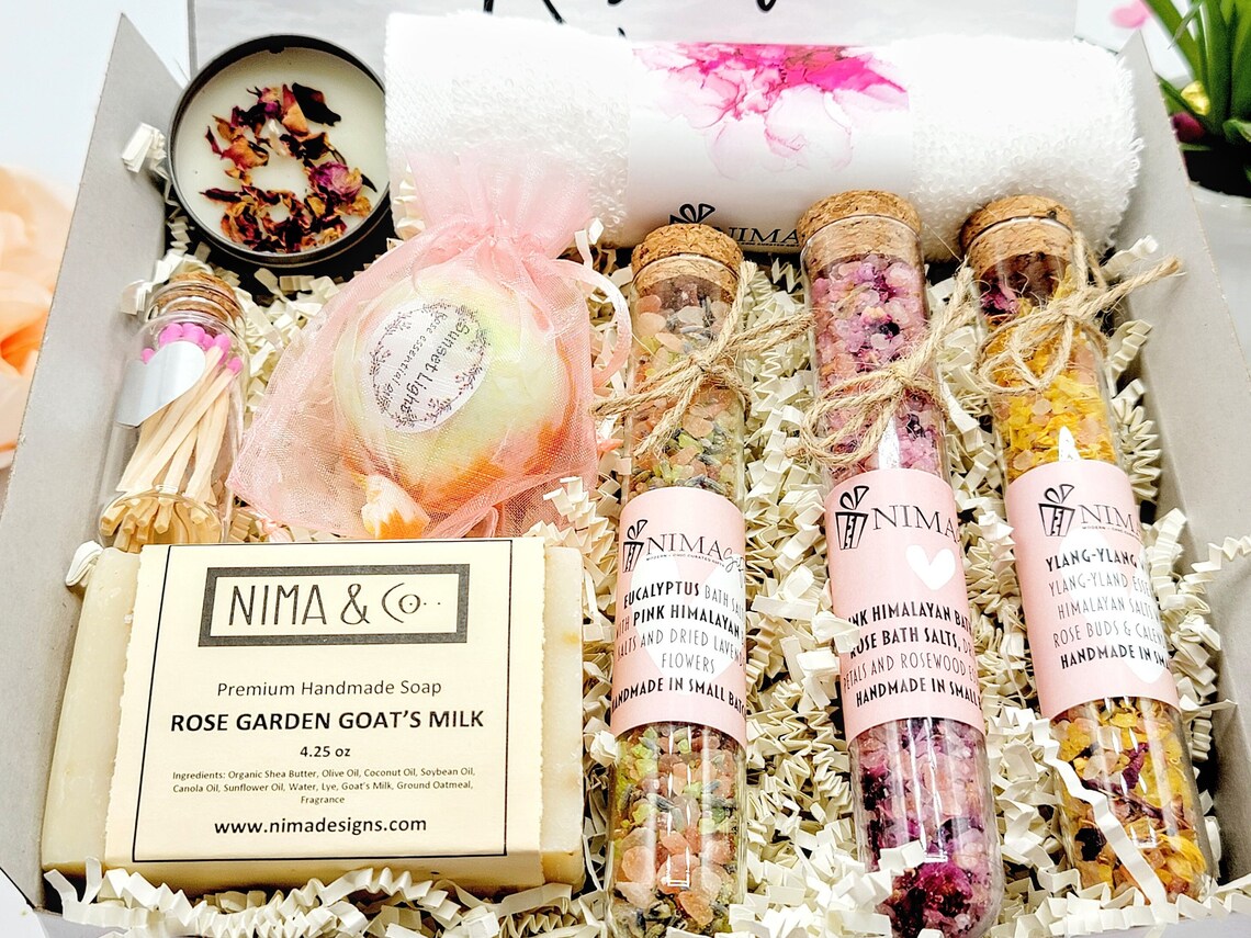 Birthday Gift Box for Her! Women's Gift Box + Bath Salts, Spa Gift Set, and Self Care Gift Treats. Perfect Best Friend Care Package -MDGB001