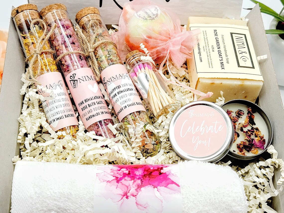 Birthday Gift Box for Her! Women's Gift Box + Bath Salts, Spa Gift Set, and Self Care Gift Treats. Perfect Best Friend Care Package -MDGB001