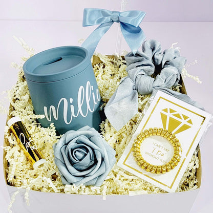 Dusty blue and gold bridesmaid proposal gift set with a Port Wine Tumbler, includes a "Will You Be My Maid of Honor" card.