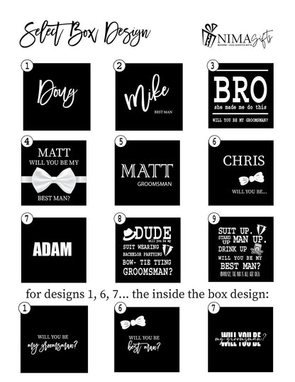 Personalized groomsmen proposal gift box with "Will You Be My Groomsman" message and decorative elements from My Store.