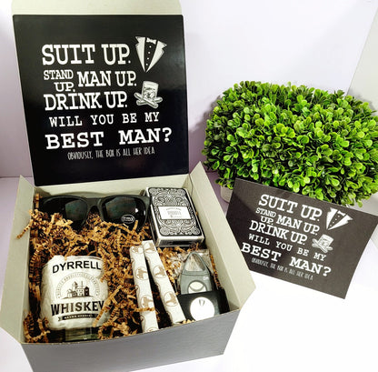 Personalized Groomsmen Proposal Gift Box with "Will You Be My Groomsman" message, featuring groom’s custom details and elegant packaging