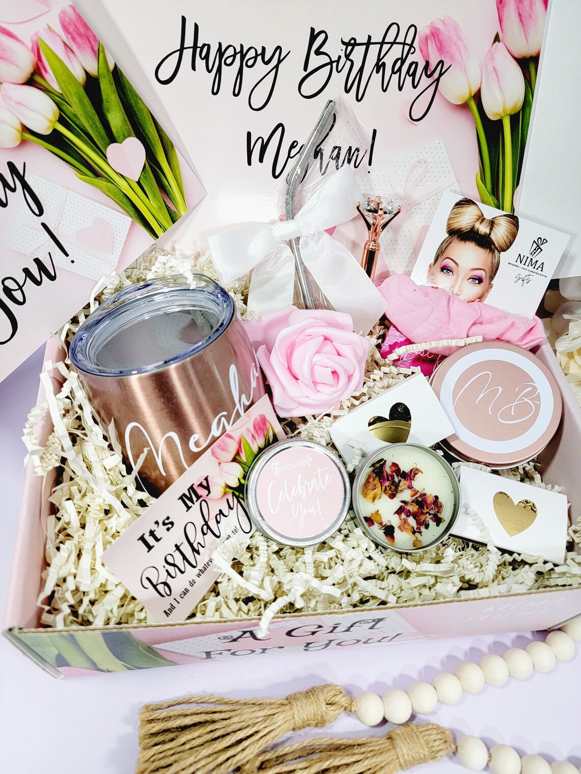 Happy Birthday Gift Box for Her with Wine Tumbler, Spa Birthday Box, Self Care Gift For Her, Birthday Gift Basket for Women Gift Set-BD01-01