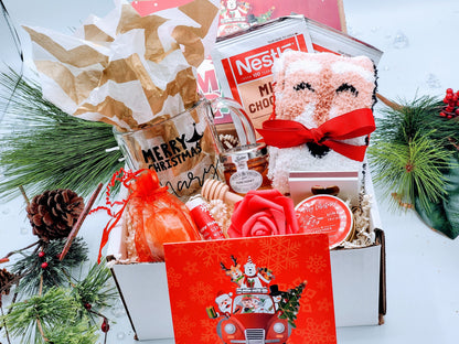 Personalized Christmas gift box for women with a glass coffee mug and spa items, perfect holiday gift for her.
