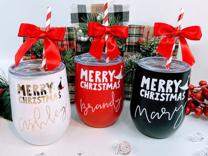 Personalized Christmas wine tumbler gift for her, custom wine glass for women, festive holiday wine tumbler with personalized design