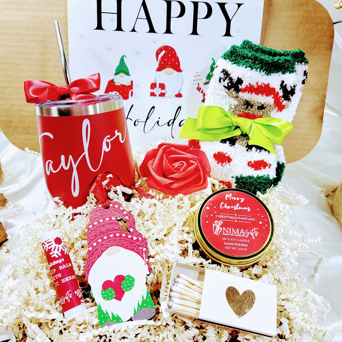 Christmas Gift Box for Women with Cozy Christmas Socks and Gnome Ornament, Christmas Gift Basket for Her Personalized Wine Tumbler - CSB033