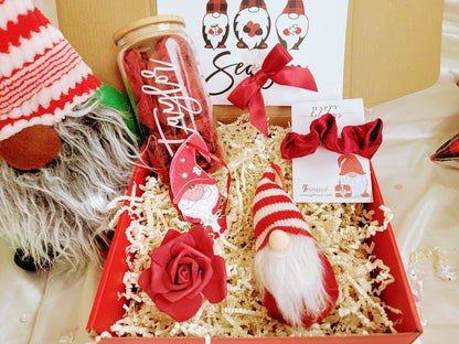 Personalized Christmas gift box for women from NIMA Gifts, includes gift set, basket, and iced coffee glass tumbler, festive holiday presentation