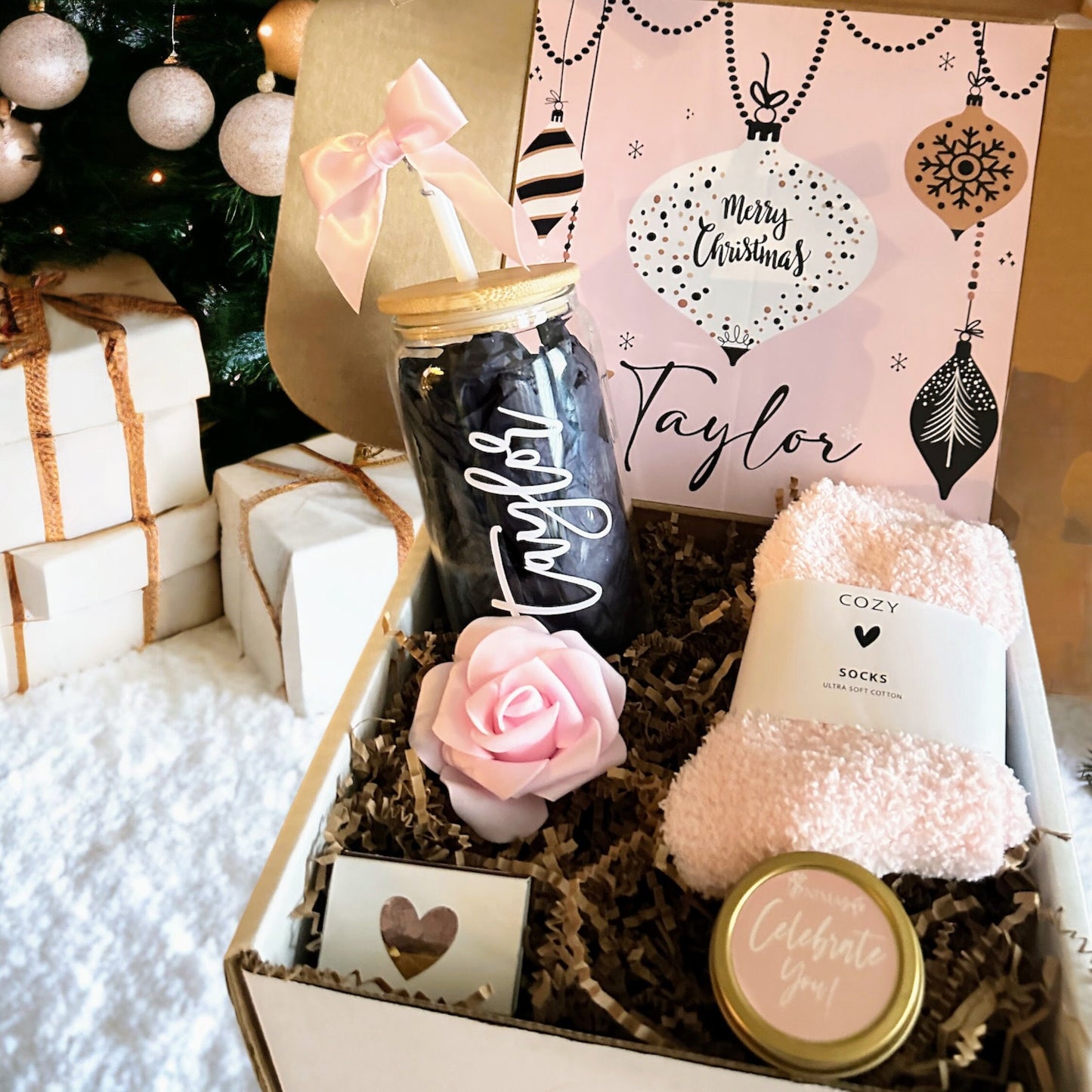 PINK Christmas Gift Box for Women Gift Set with Glass Tumbler, Unique Gifts for Women, Christmas Gifts Glass Coffee Cup CGB038PINKGLS